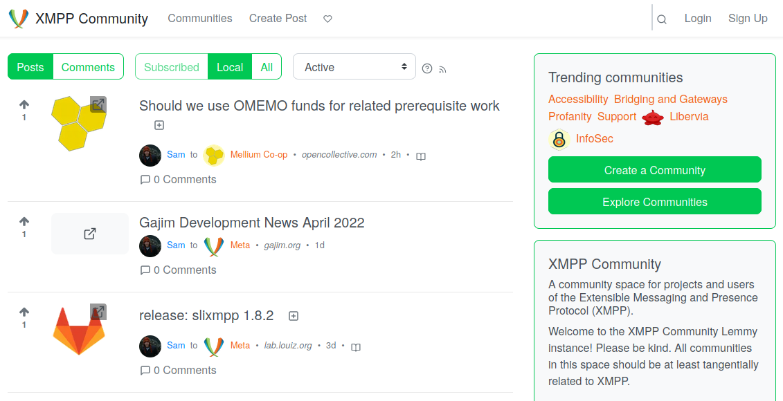Bildschirmfoto von der Startseite der Lemmy-Instanz vom XMPP