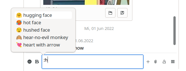 Bildschirmfoto von dem Eingabefeld für neue Nachrichten in Gajim. Es ist ein “:h” im Eingabefeld zu sehen und darüber ein aufpoppendes Fenster mit Emoji-Vorschlägen / einer Emoji-Autovervollständigung. Über dem Eingabefeld und teils verdeckt von der Autovervollständigung sind Teile eines Chats zu sehen.