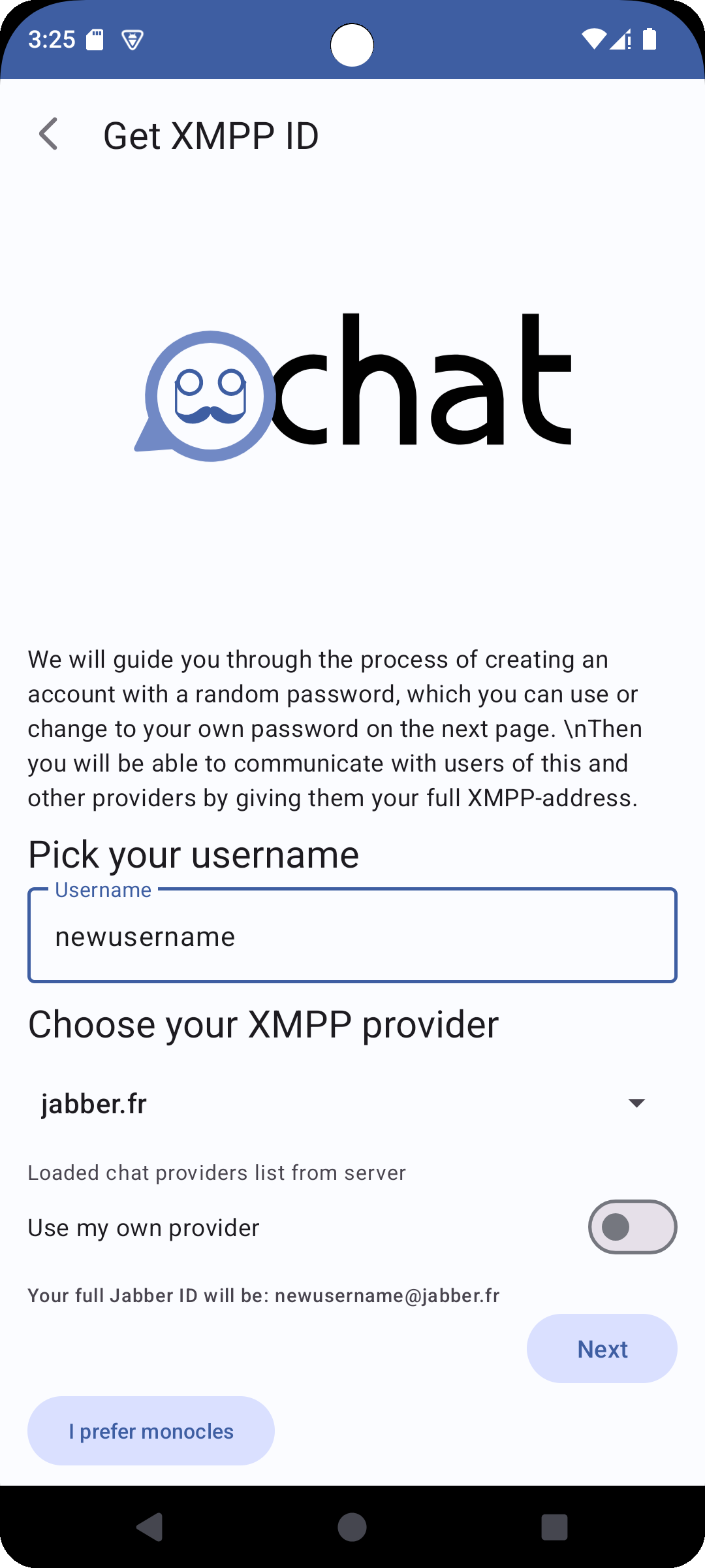 Monocles Chat 2.0.6: Register on your own XMPP server or pick one from the providers list