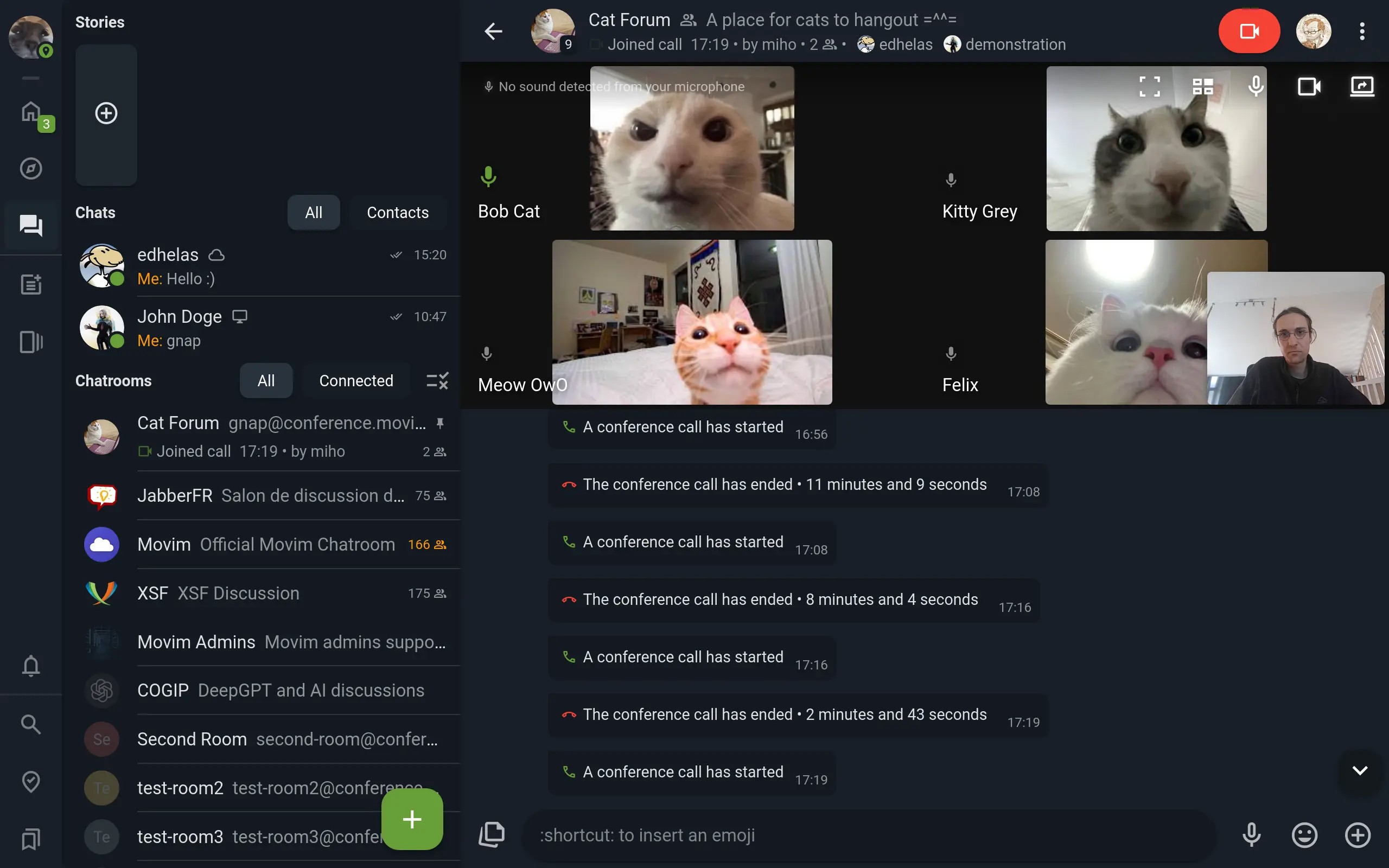 Movim 0.30 (Encke): Multi Participant Calls. Bob Cat looking disgruntled by the presence of the ‘Hooman’ on the lower right of the screen!