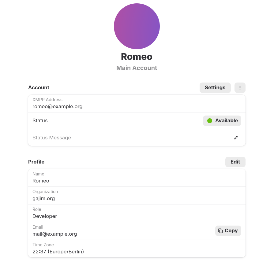 Gajim: Your profile on the account page.