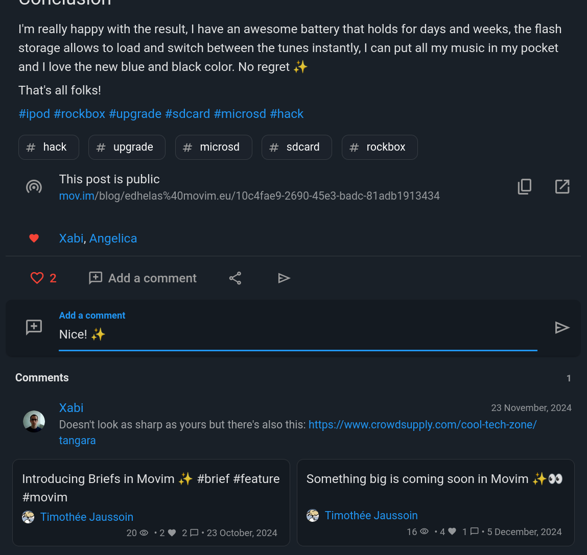 Movim: Share, like, and comment on articles more easily.