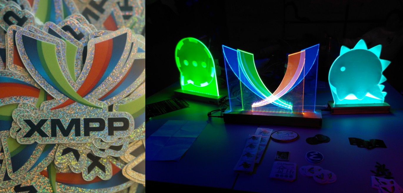 Left: the highly coveted XMPP sparkly stickers! Right: XMPP assembly at the 39C3 Critical Decentralisation Cluster!