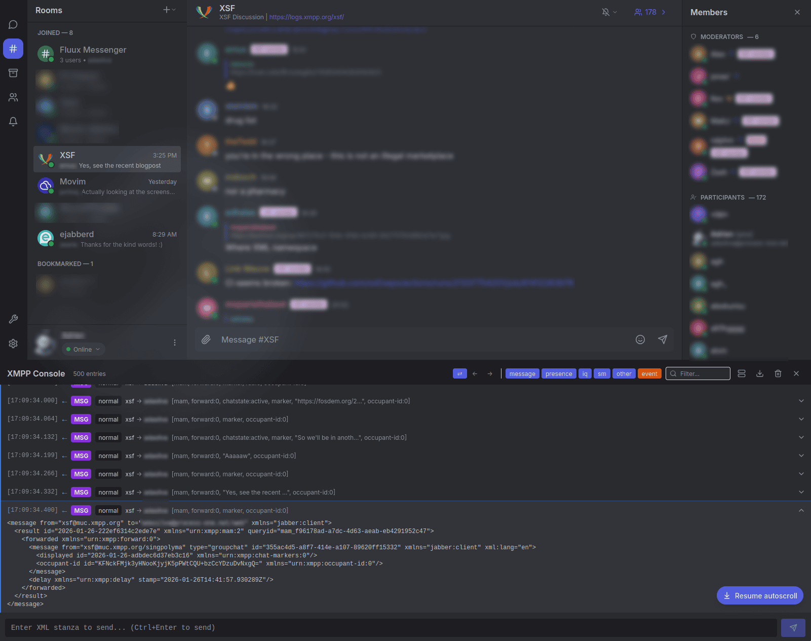 Fluux Messenger main window and XMPP console